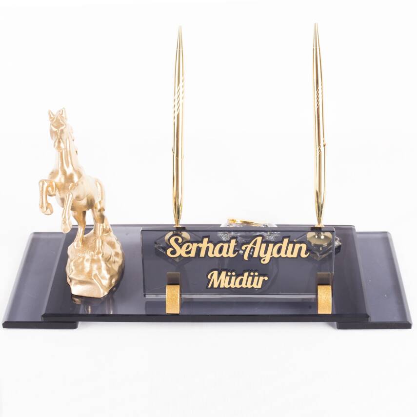 Şaha Kalkmış At Biblolu Elit Kristal İsimlik Masa İsimliği Çift Kalemli İsimlik Lüks Ofis Hediyesi - 4