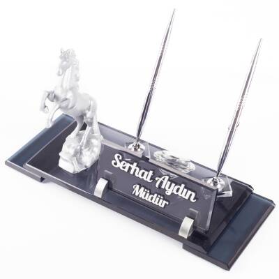 Şaha Kalkmış At Biblolu Gümüş Kristal İsimlik Masa İsimliği Çift Kalemli İsimlik Lüks Ofis Hediyesi - Ofistike