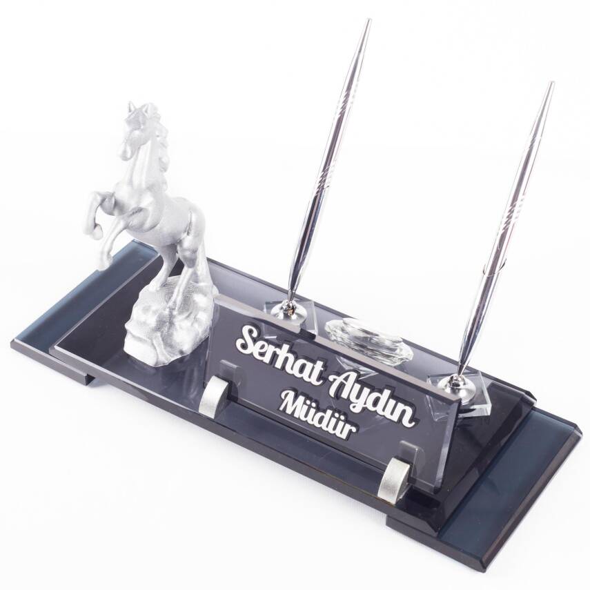 Şaha Kalkmış At Biblolu Gümüş Kristal İsimlik Masa İsimliği Çift Kalemli İsimlik Lüks Ofis Hediyesi - 1