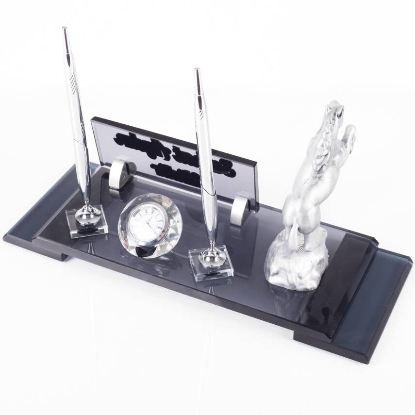 Şaha Kalkmış At Biblolu Gümüş Kristal İsimlik Masa İsimliği Çift Kalemli İsimlik Lüks Ofis Hediyesi - 2