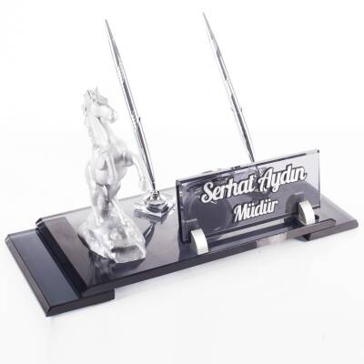 Şaha Kalkmış At Biblolu Gümüş Kristal İsimlik Masa İsimliği Çift Kalemli İsimlik Lüks Ofis Hediyesi - 3