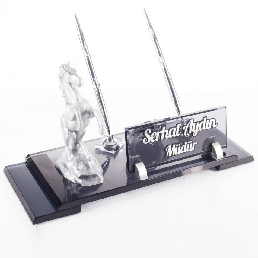 Şaha Kalkmış At Biblolu Gümüş Kristal İsimlik Masa İsimliği Çift Kalemli İsimlik Lüks Ofis Hediyesi - 3