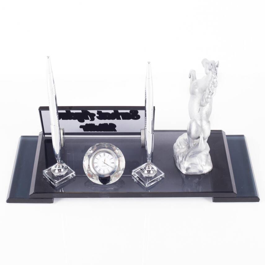 Şaha Kalkmış At Biblolu Gümüş Kristal İsimlik Masa İsimliği Çift Kalemli İsimlik Lüks Ofis Hediyesi - 4