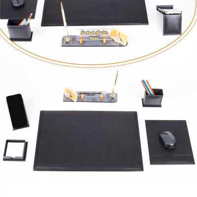 Santa Siyah Deri Sümen Takımı Lüks Şık Ofis Hediyesi Masa İsimlikli Sümen Takımı - 1