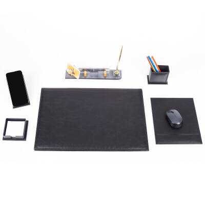 Santa Siyah Deri Sümen Takımı Lüks Şık Ofis Hediyesi Masa İsimlikli Sümen Takımı - 2