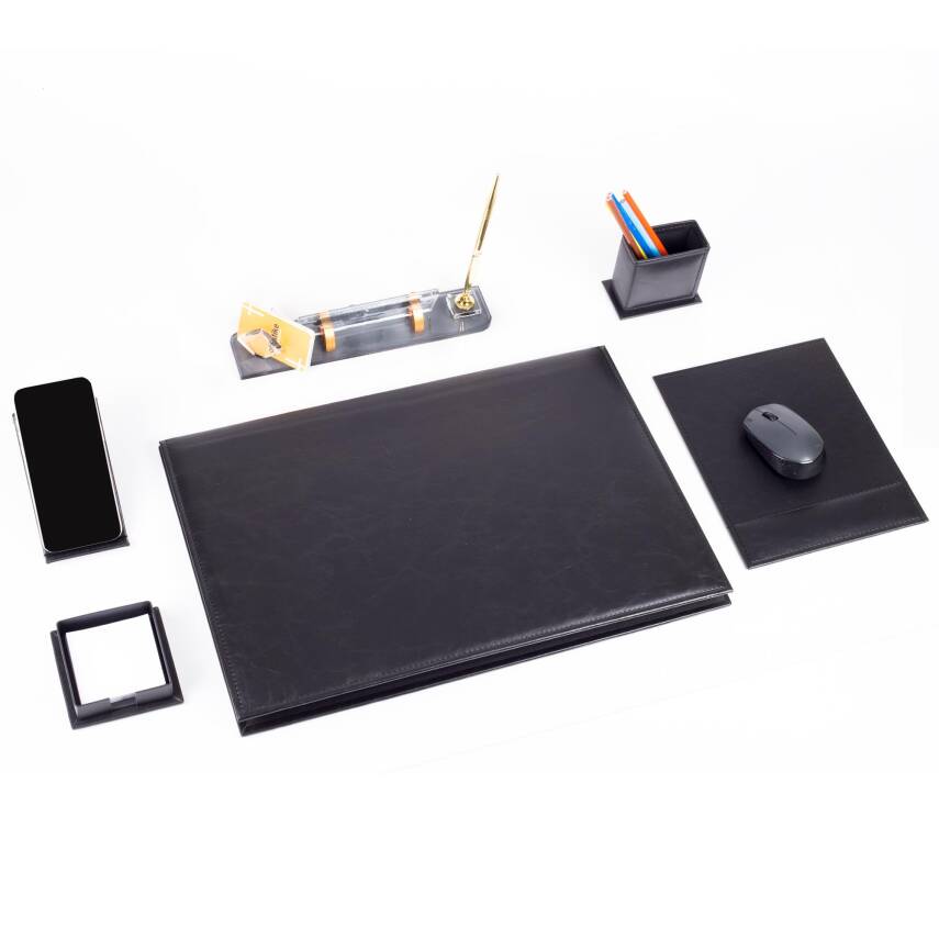 Santa Siyah Deri Sümen Takımı Lüks Şık Ofis Hediyesi Masa İsimlikli Sümen Takımı - 3