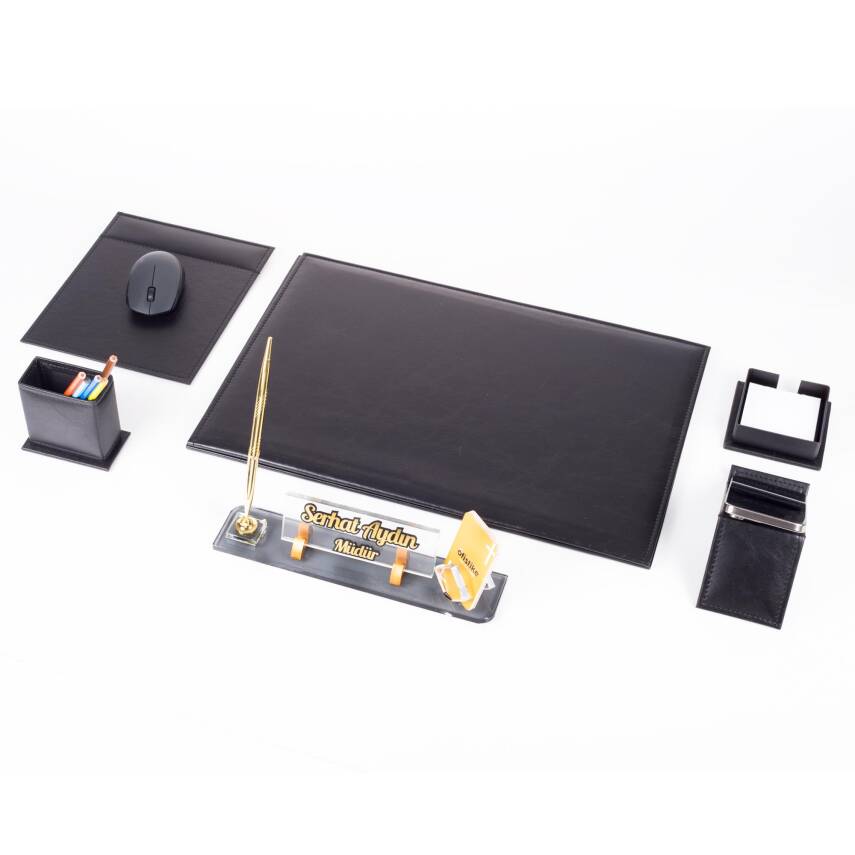 Santa Siyah Deri Sümen Takımı Lüks Şık Ofis Hediyesi Masa İsimlikli Sümen Takımı - 5