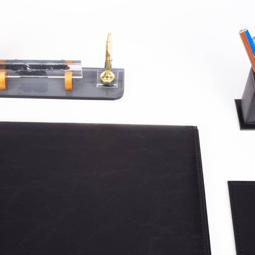 Santa Siyah Deri Sümen Takımı Lüks Şık Ofis Hediyesi Masa İsimlikli Sümen Takımı - 6