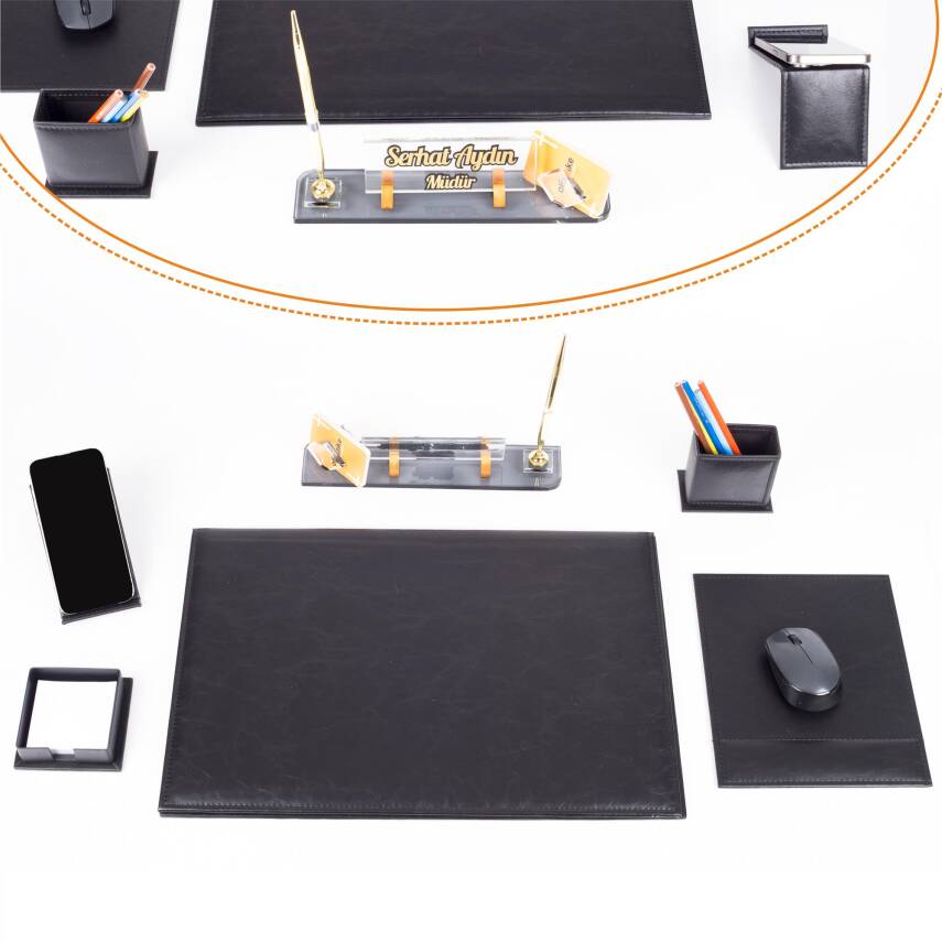 Santa Siyah Deri Sümen Takımı Lüks Şık Ofis Hediyesi Masa İsimlikli Sümen Takımı - 1