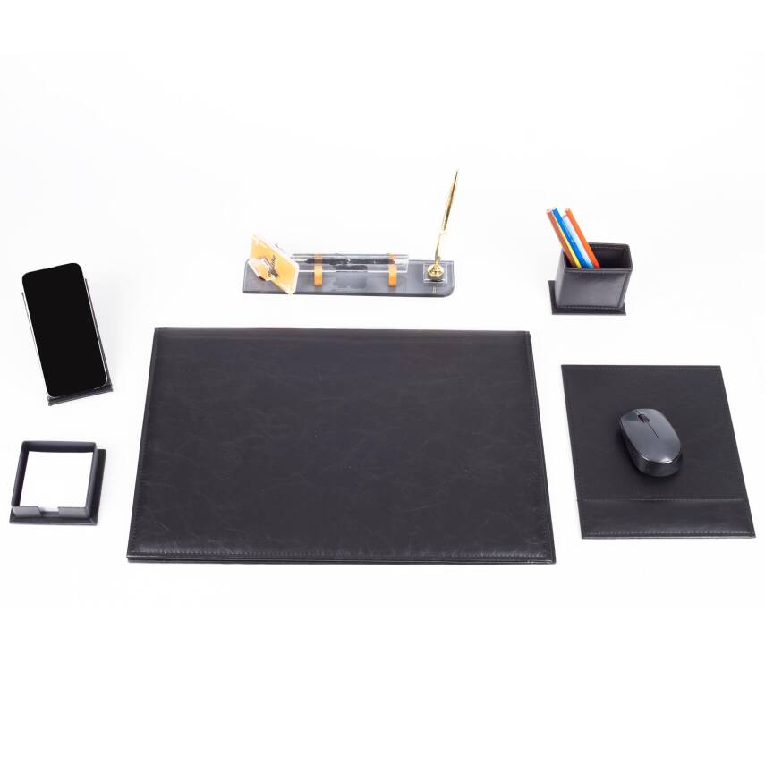 Santa Siyah Deri Sümen Takımı Lüks Şık Ofis Hediyesi Masa İsimlikli Sümen Takımı - 2