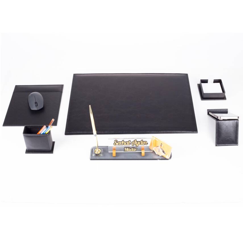 Santa Siyah Deri Sümen Takımı Lüks Şık Ofis Hediyesi Masa İsimlikli Sümen Takımı - 4