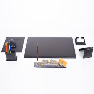 Saroz Deri Sümen Takımı Ahşap Masa İsimlik Ofis Hediye Sümen Seti ve Masa İsimliği - 2