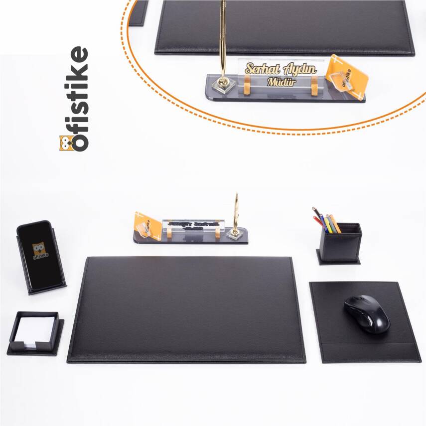 Saroz Deri Sümen Takımı Ahşap Masa İsimlik Ofis Hediye Sümen Seti ve Masa İsimliği - 1