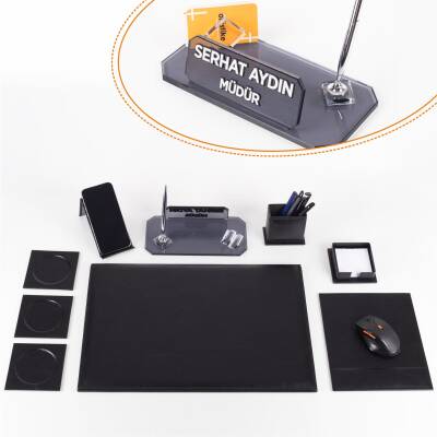 Sierra Ofis Siyah Deri Sümen Takımı ve Kristal Masa İsimliği Ofis Masa Sümen Seti ve İsimlik - Ofistike