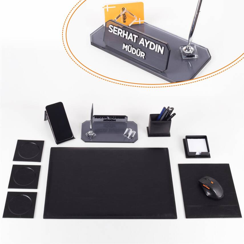 Sierra Ofis Siyah Deri Sümen Takımı ve Kristal Masa İsimliği Ofis Masa Sümen Seti ve İsimlik - 1