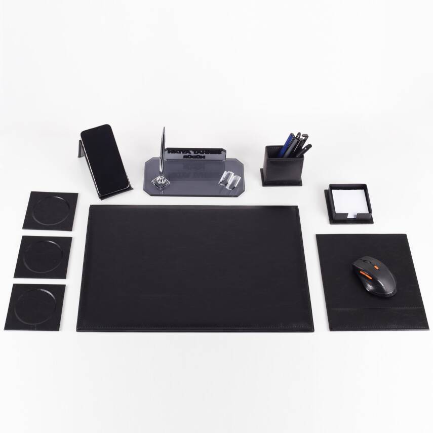 Sierra Ofis Siyah Deri Sümen Takımı ve Kristal Masa İsimliği Ofis Masa Sümen Seti ve İsimlik - 2