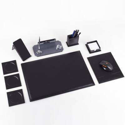 Sierra Ofis Siyah Deri Sümen Takımı ve Kristal Masa İsimliği Ofis Masa Sümen Seti ve İsimlik - 3