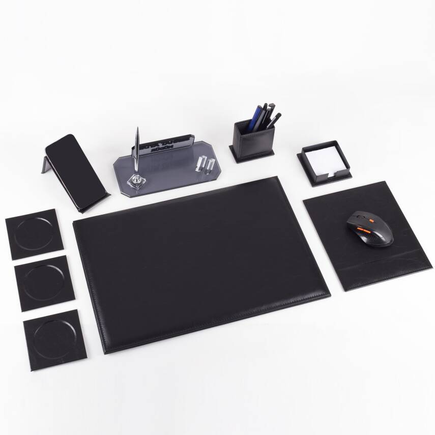 Sierra Ofis Siyah Deri Sümen Takımı ve Kristal Masa İsimliği Ofis Masa Sümen Seti ve İsimlik - 3