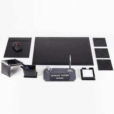 Sierra Ofis Siyah Deri Sümen Takımı ve Kristal Masa İsimliği Ofis Masa Sümen Seti ve İsimlik - 5
