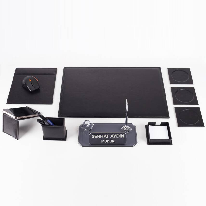 Sierra Ofis Siyah Deri Sümen Takımı ve Kristal Masa İsimliği Ofis Masa Sümen Seti ve İsimlik - 5