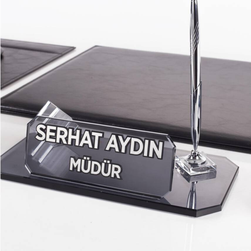 Sierra Ofis Siyah Deri Sümen Takımı ve Kristal Masa İsimliği Ofis Masa Sümen Seti ve İsimlik - 6