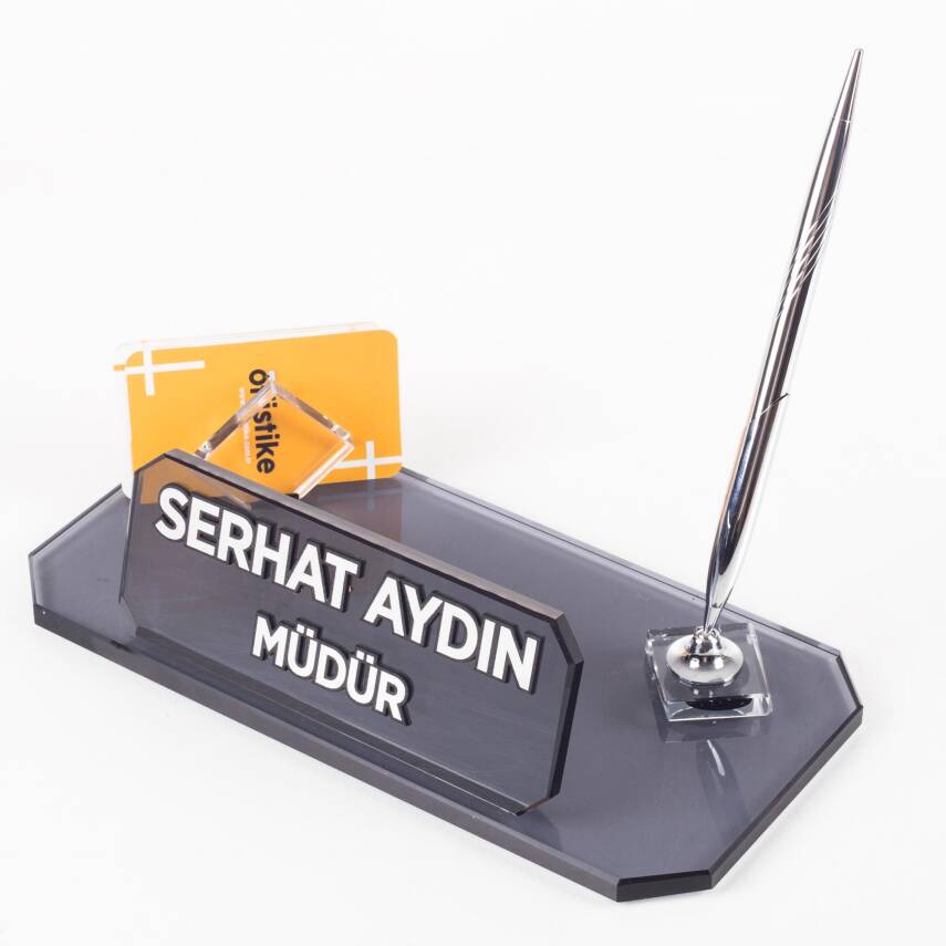 Sierra Ofis Siyah Deri Sümen Takımı ve Kristal Masa İsimliği Ofis Masa Sümen Seti ve İsimlik - 7