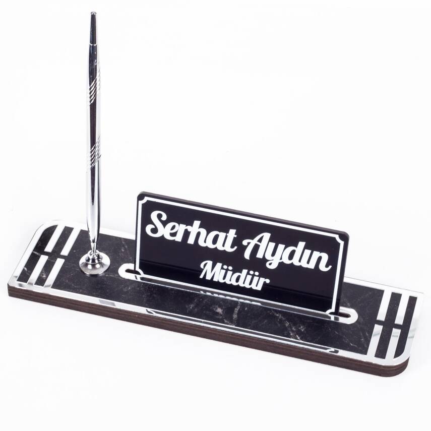 Sigma Gümüş Ahşap Masa İsimliği Kalemli İsimlik Masa Üstü Organizer Ekonomik Masa İsimliği Kalemlik - 1