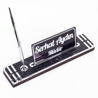 Sigma Gümüş Ahşap Masa İsimliği Kalemli İsimlik Masa Üstü Organizer Ekonomik Masa İsimliği Kalemlik - 2