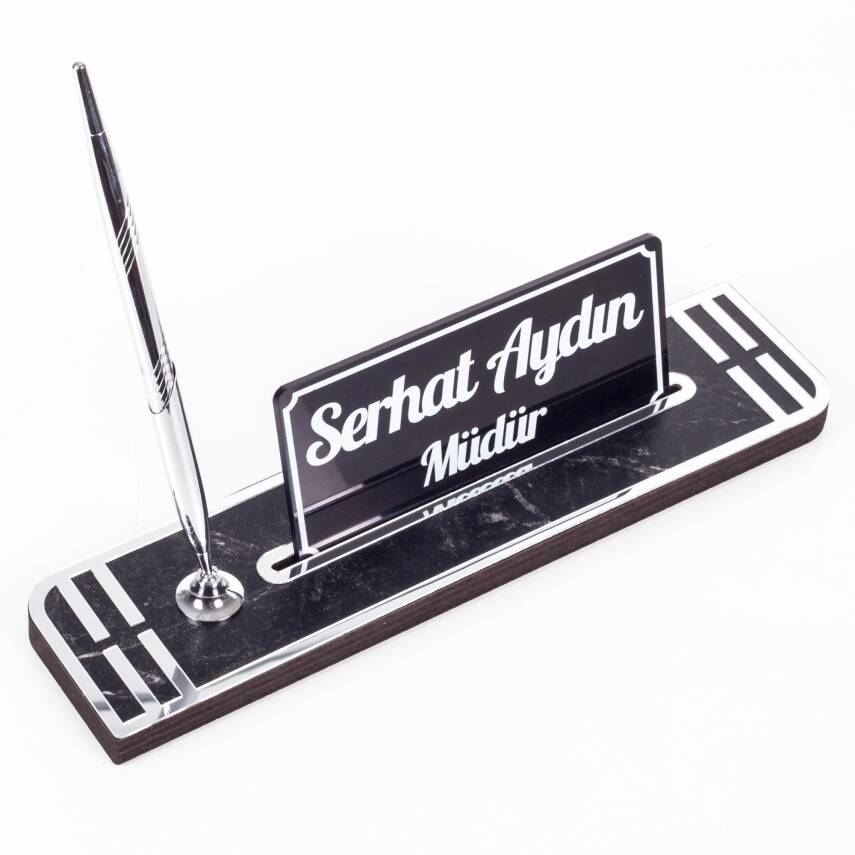 Sigma Gümüş Ahşap Masa İsimliği Kalemli İsimlik Masa Üstü Organizer Ekonomik Masa İsimliği Kalemlik - 2