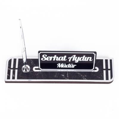 Sigma Gümüş Ahşap Masa İsimliği Kalemli İsimlik Masa Üstü Organizer Ekonomik Masa İsimliği Kalemlik - 5