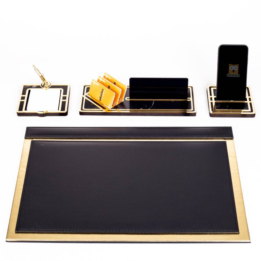 Sirius Altın Varaklı Deri Sümen Takımı Gold Ahşap İsimlik Seti İsim Yazılı Masa İsimliği - 4