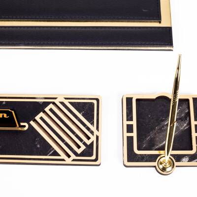 Sirius Altın Varaklı Deri Sümen Takımı Gold Ahşap İsimlik Seti İsim Yazılı Masa İsimliği - 5