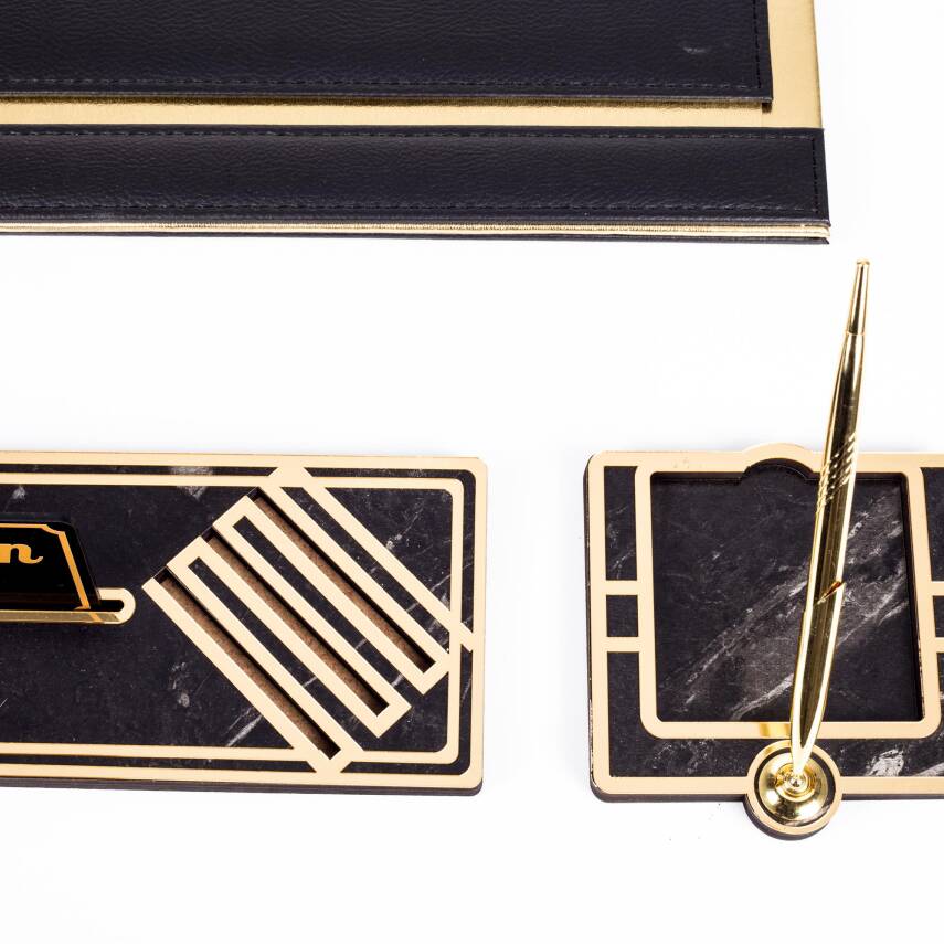 Sirius Altın Varaklı Deri Sümen Takımı Gold Ahşap İsimlik Seti İsim Yazılı Masa İsimliği - 5