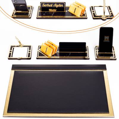 Sirius Altın Varaklı Deri Sümen Takımı Gold Ahşap İsimlik Seti İsim Yazılı Masa İsimliği 