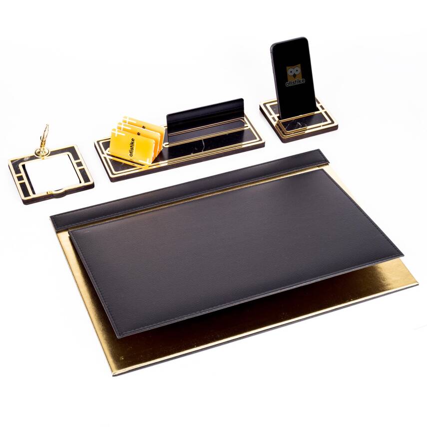 Sirius Altın Varaklı Deri Sümen Takımı Gold Ahşap İsimlik Seti İsim Yazılı Masa İsimliği - 2