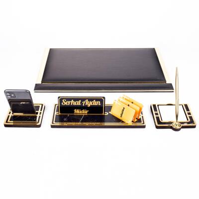 Sirius Altın Varaklı Deri Sümen Takımı Gold Ahşap İsimlik Seti İsim Yazılı Masa İsimliği - 3