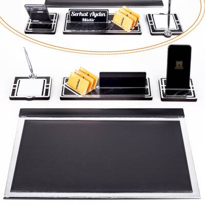 Sirius Gümüş Varaklı Deri Sümen Takımı Silver Ahşap İsimlik Seti İsim Yazılı Masa İsimliği - Ofistike