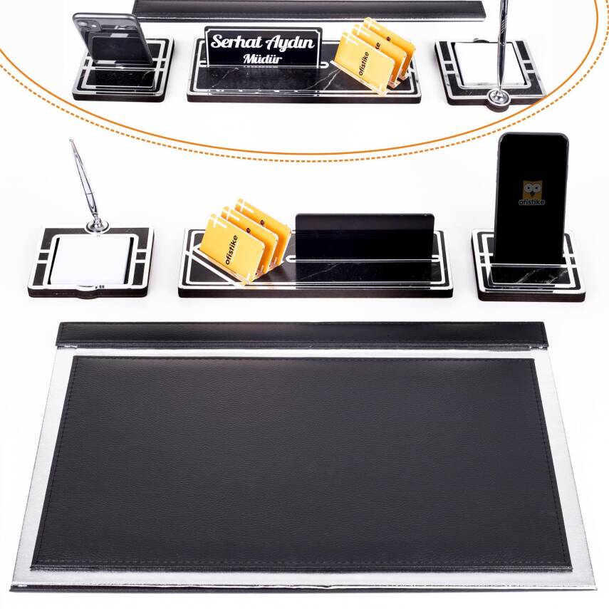 Sirius Gümüş Varaklı Deri Sümen Takımı Silver Ahşap İsimlik Seti İsim Yazılı Masa İsimliği - 1