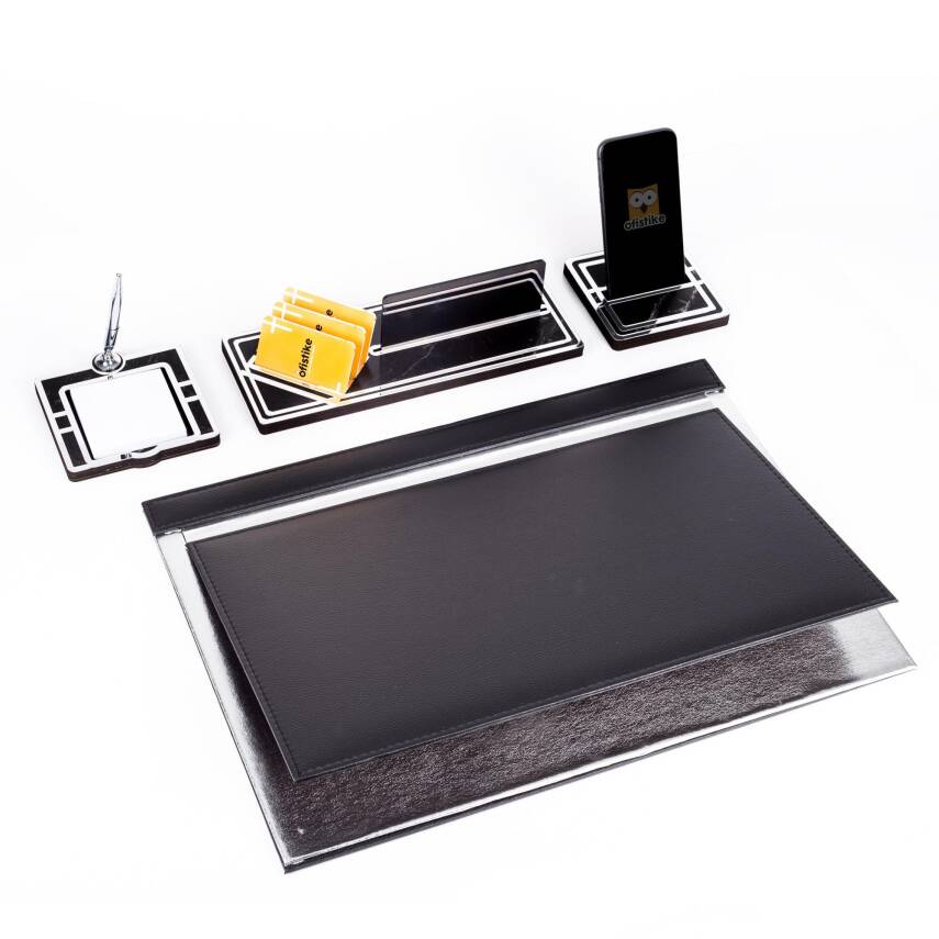 Sirius Gümüş Varaklı Deri Sümen Takımı Silver Ahşap İsimlik Seti İsim Yazılı Masa İsimliği - 2