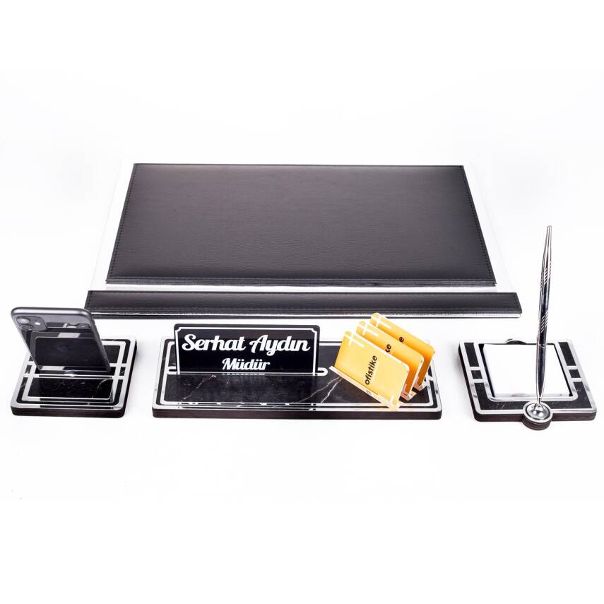 Sirius Gümüş Varaklı Deri Sümen Takımı Silver Ahşap İsimlik Seti İsim Yazılı Masa İsimliği - 3