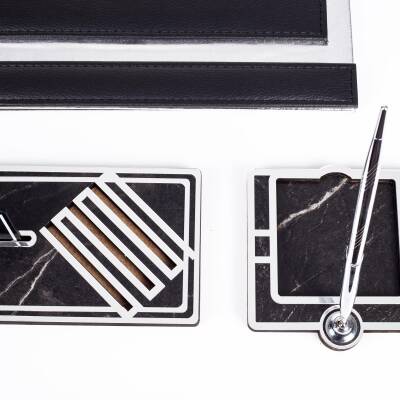 Sirius Gümüş Varaklı Deri Sümen Takımı Silver Ahşap İsimlik Seti İsim Yazılı Masa İsimliği - 4