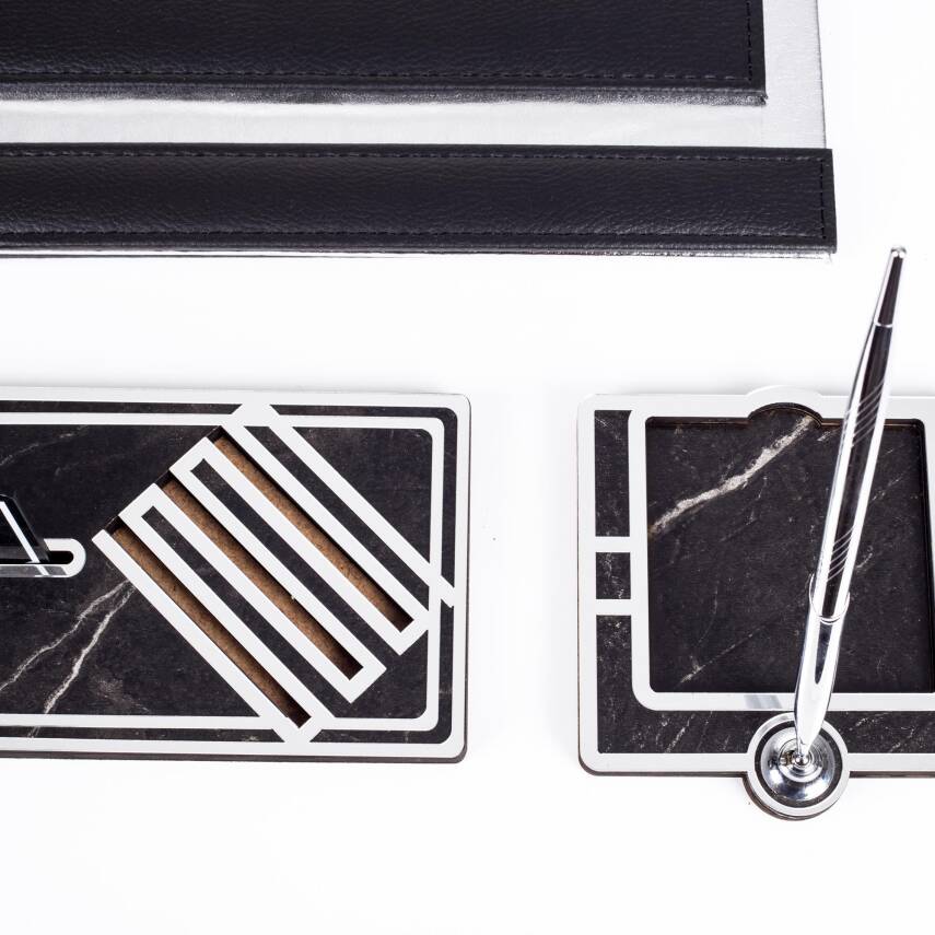 Sirius Gümüş Varaklı Deri Sümen Takımı Silver Ahşap İsimlik Seti İsim Yazılı Masa İsimliği - 4