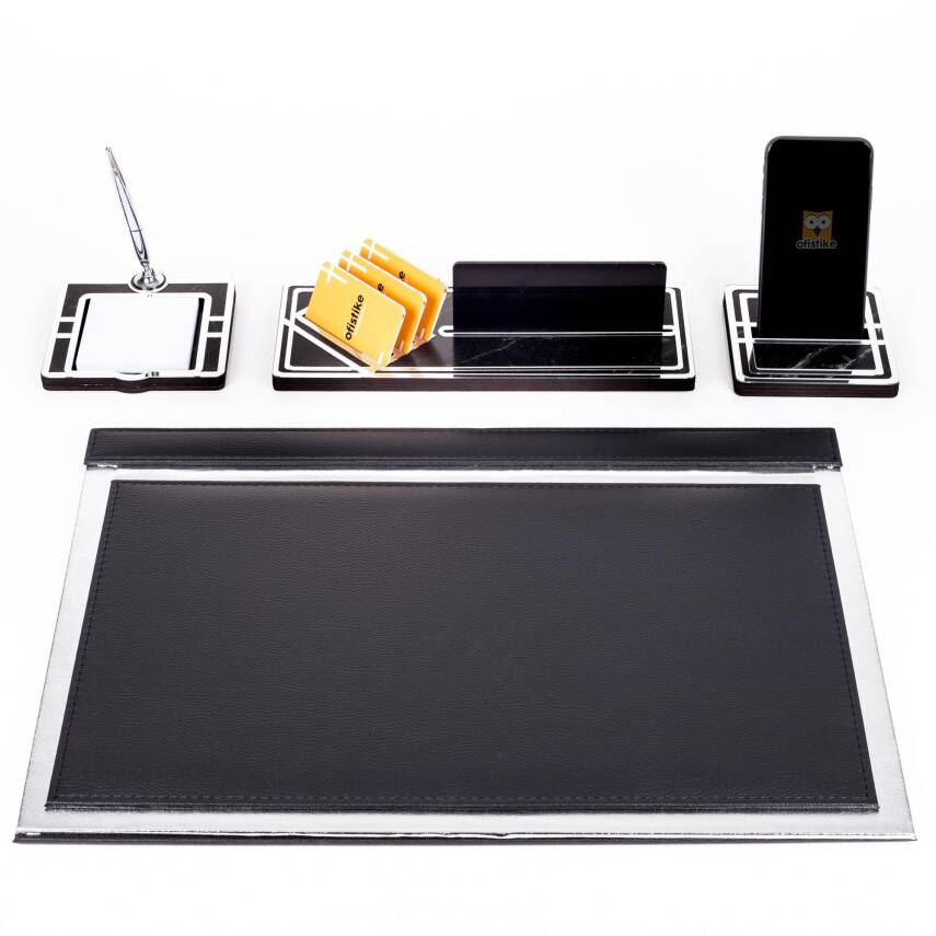 Sirius Gümüş Varaklı Deri Sümen Takımı Silver Ahşap İsimlik Seti İsim Yazılı Masa İsimliği - 5