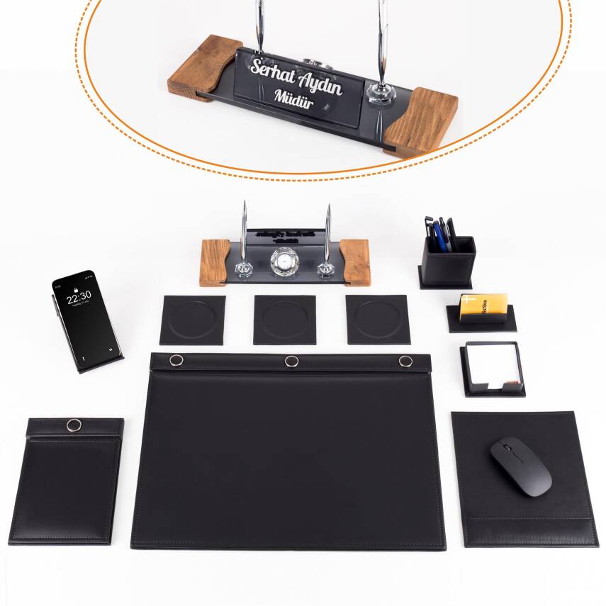 Siyah 11 Parça Düğmeli Sümen Takımı Kabartma Ahşap Ayaklı Masa İsimlik Lüks Masa İsimliği - 1