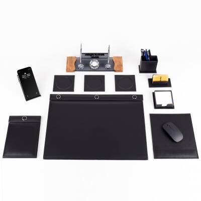 Siyah 11 Parça Düğmeli Sümen Takımı Kabartma Ahşap Ayaklı Masa İsimlik Lüks Masa İsimliği - 2