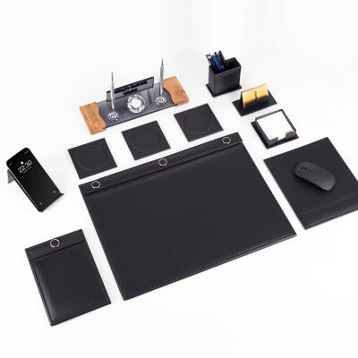 Siyah 11 Parça Düğmeli Sümen Takımı Kabartma Ahşap Ayaklı Masa İsimlik Lüks Masa İsimliği - 3