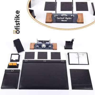 Siyah 10 Parça Düğmeli Sümen Takımı Kabartma Ahşap Ayaklı Masa İsimlik Lüks Masa İsimliği 