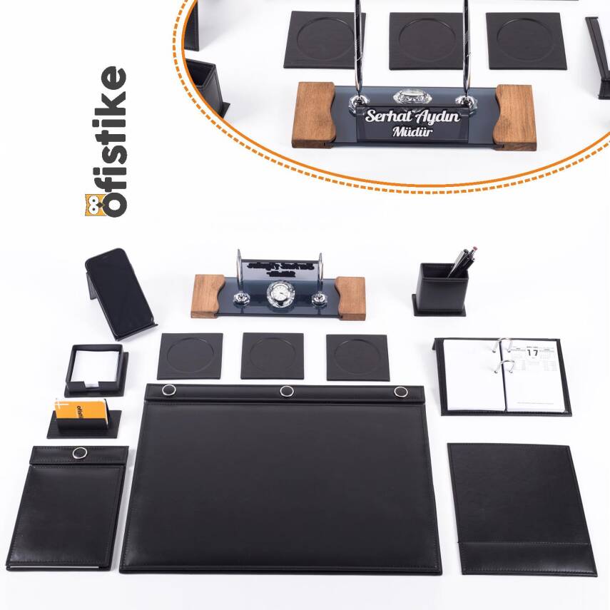 Siyah 10 Parça Düğmeli Sümen Takımı Kabartma Ahşap Ayaklı Masa İsimlik Lüks Masa İsimliği - 1