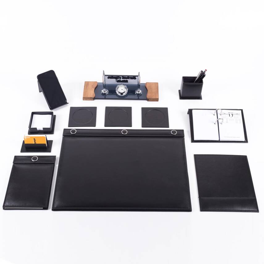 Siyah 10 Parça Düğmeli Sümen Takımı Kabartma Ahşap Ayaklı Masa İsimlik Lüks Masa İsimliği - 2