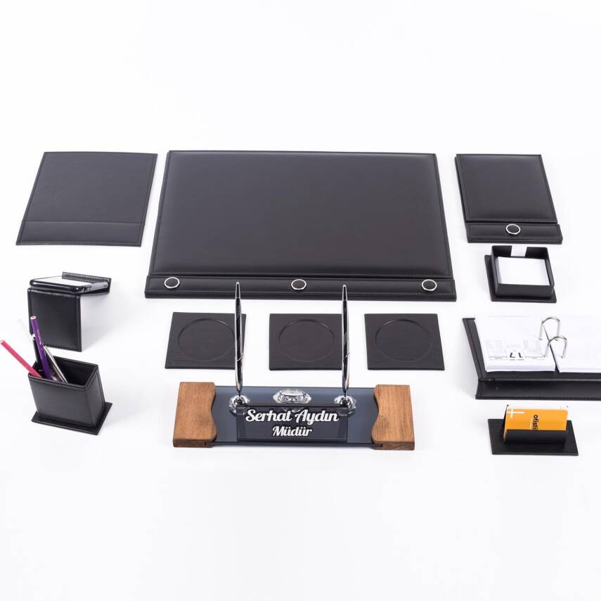 Siyah 10 Parça Düğmeli Sümen Takımı Kabartma Ahşap Ayaklı Masa İsimlik Lüks Masa İsimliği - 3